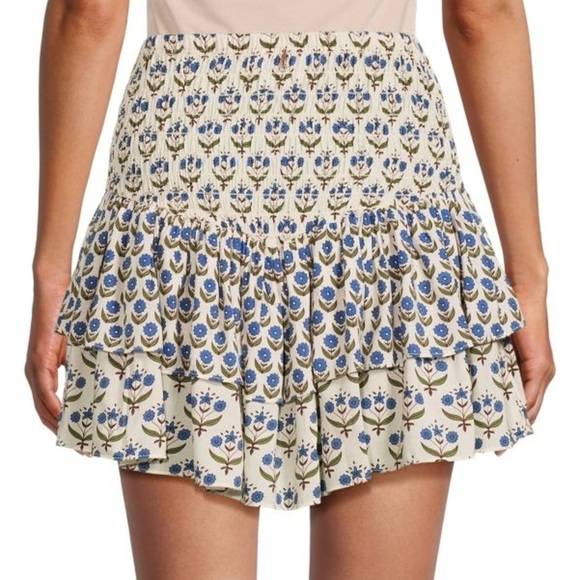 NWOT Misa Azzedina Smocked Floral Mini Skirt Blue & White Floral Pattern SIZE L - Picture 2 of 6
